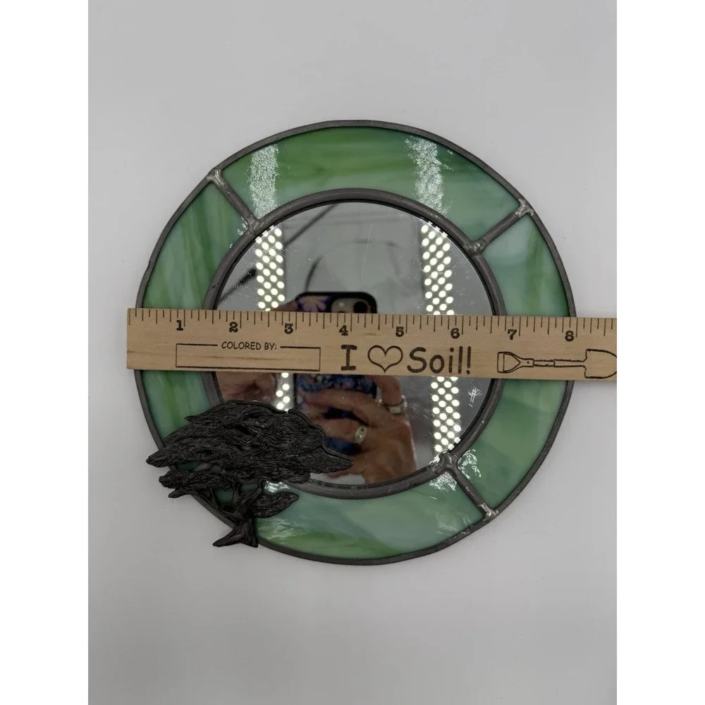 Round 8 in Green/Silver Framed Glass Accent Mirror, Tree Theme,